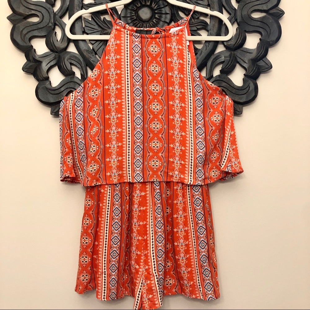 Sadie & Sage Red Orange Popover Aztec Boho Romper - Picture 4 of 10